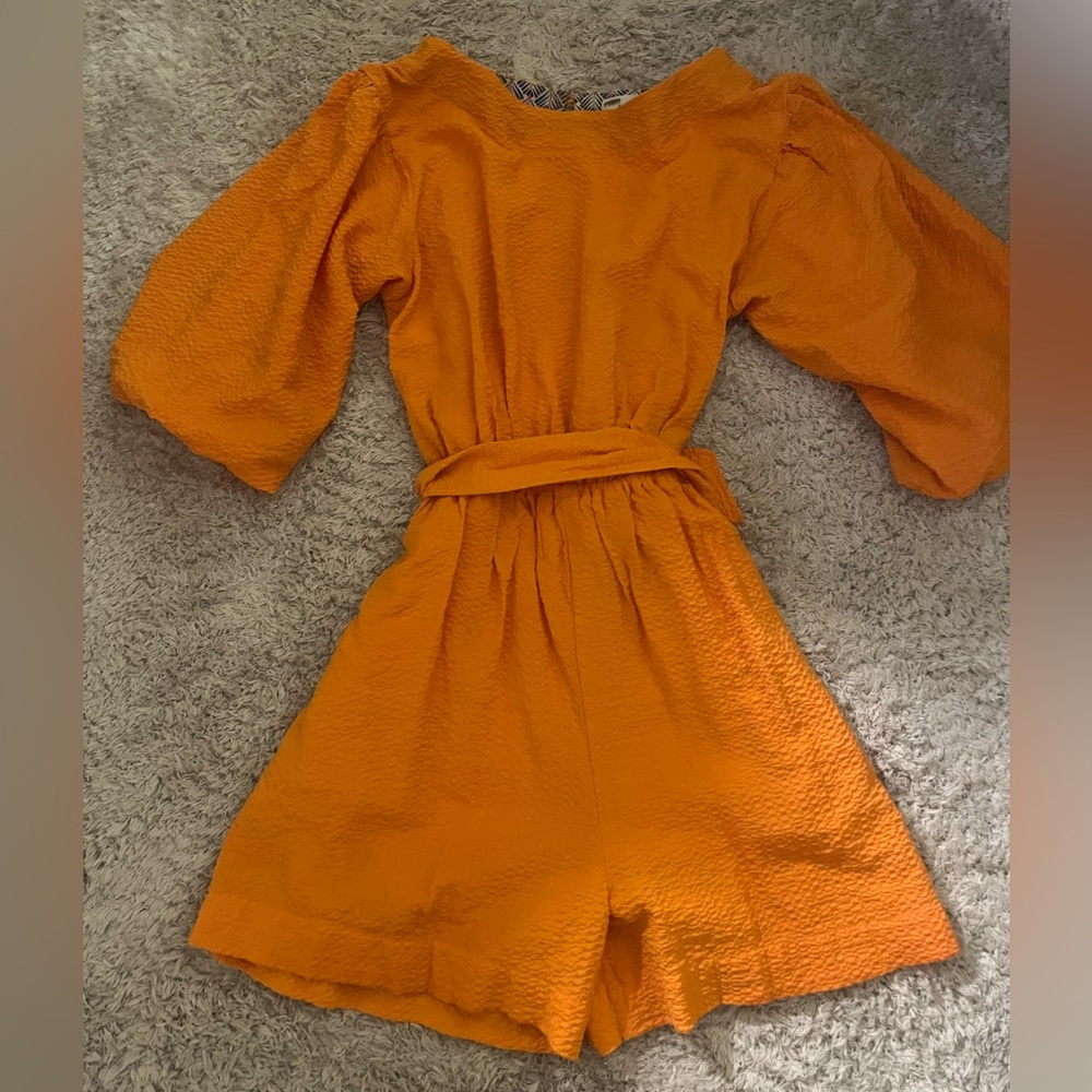 Anthropologie Women’s Orange Shorts Jumper with Belted Waist Sz Small